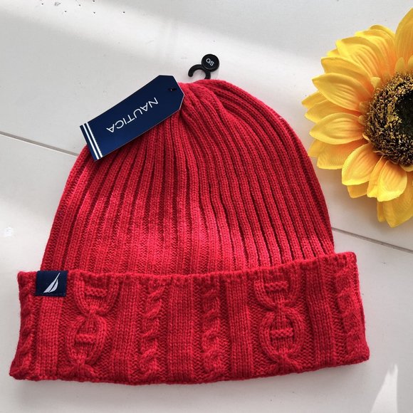 Nautica Women's One Size Red Cable Knit Beanie, Winter Cuffed Cup Hat NW - Picture 4 of 13